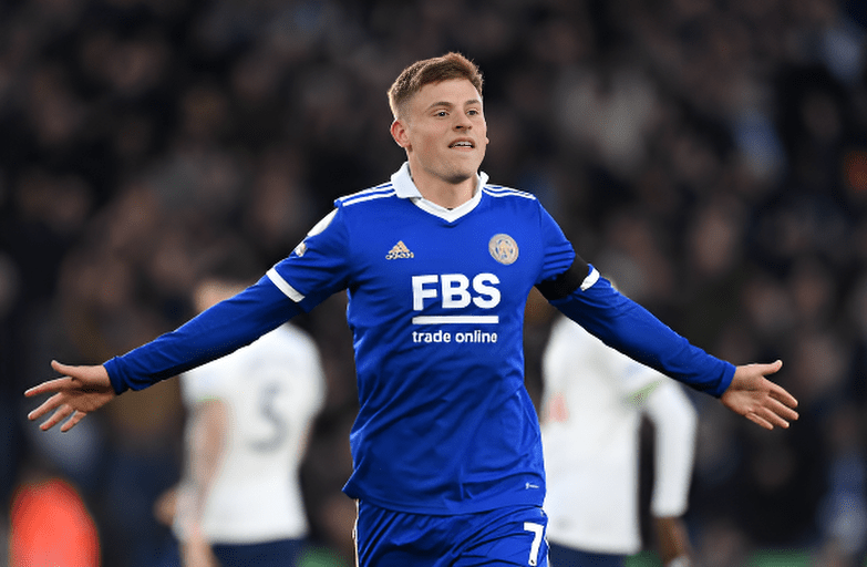 Harvey Barnes, of Leicester City, celebrates scoring the team's fourth goal in the Premier League match.