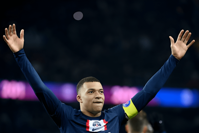 Kylian Mbappe, the French forward of Paris Saint-Germain, celebrates scoring a goal in the French L1.