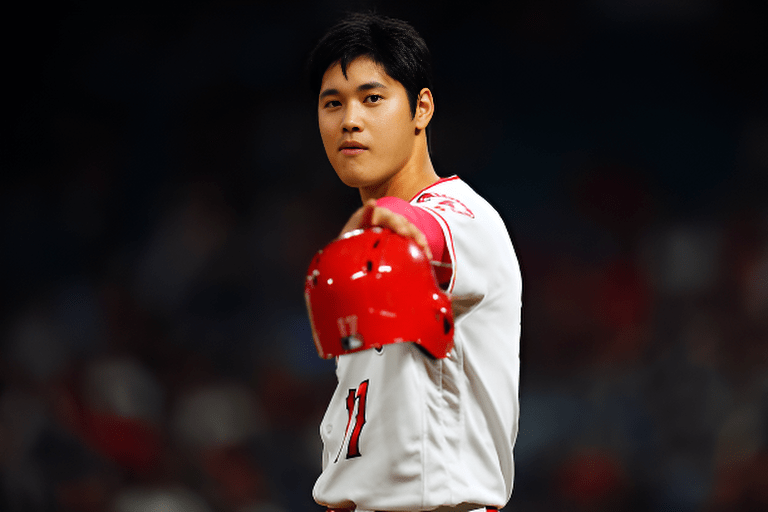 Shohei Ohtani, number 17 of the Los Angeles Angels of Anaheim, looked on during the game against the Texas Rangers at Angel Stadium.