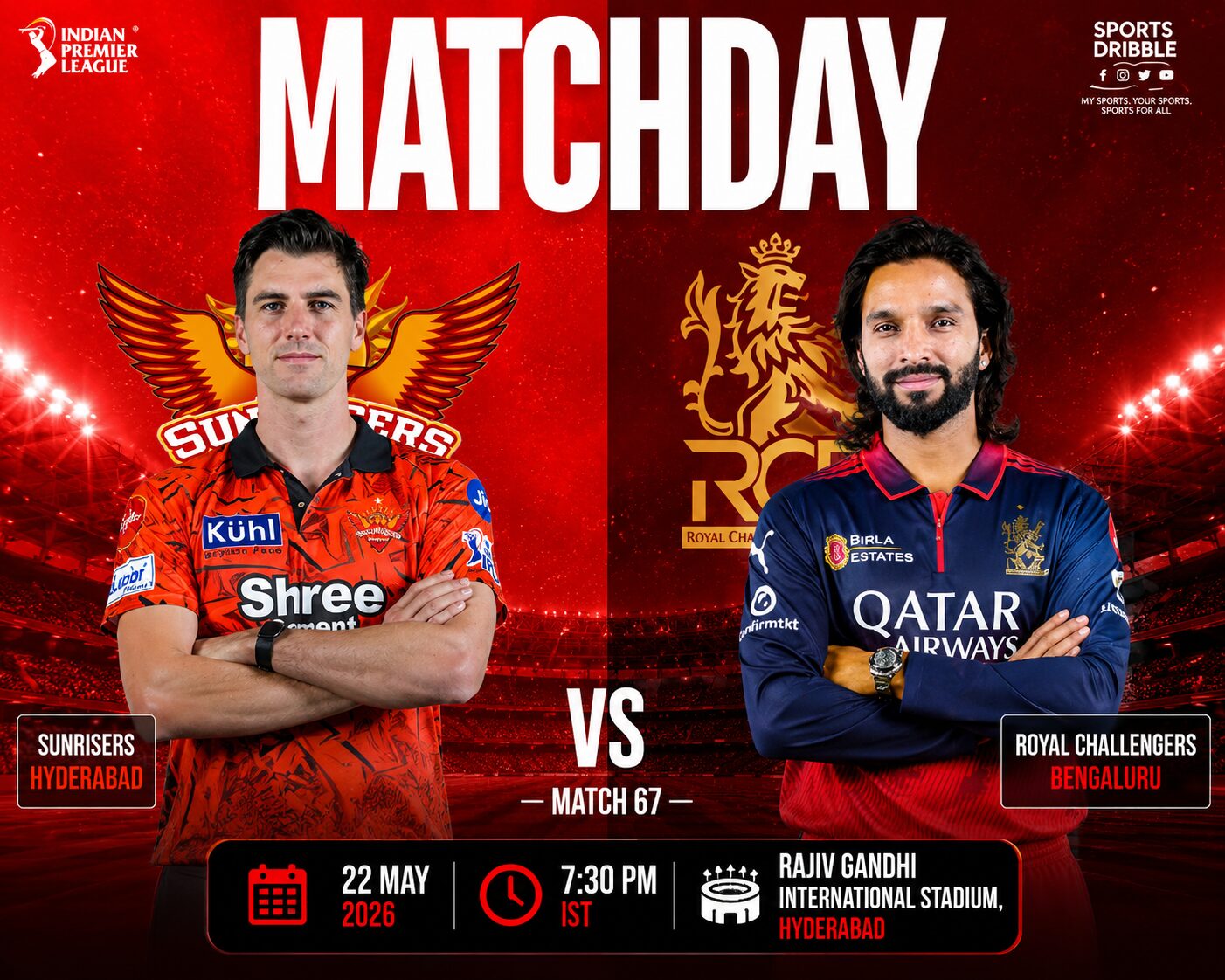 Sunrisers Hyderabad vs Royal Challengers Bengaluru 2026 Preview: Timeline, Playing11, Pitch Report & Where to watch