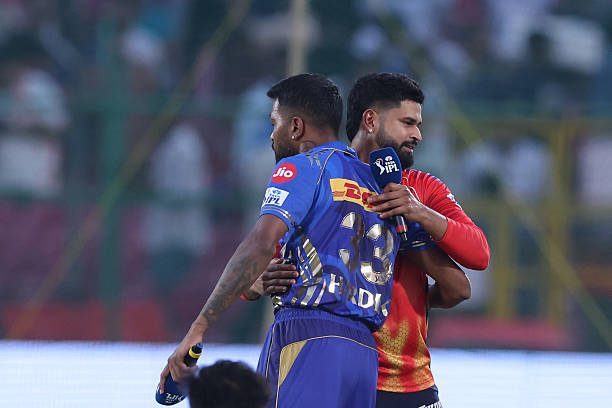 PBKS vs MI Qualifier 2: Hardik Pandya of Mumbai Indians and Shreyas Iyer of Punjab Kings during the 2025 IPL match.
