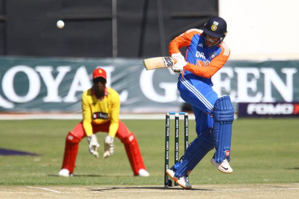 One of the young Indian left-handed batsman Abhishek Sharma plays a shot against Zimbabwe.