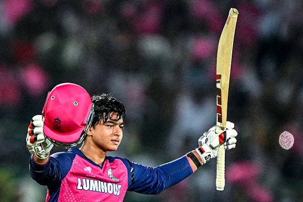 Emerging batsman Vaibhav Suryavanshi of Rajasthan Royals celebrates after making century.