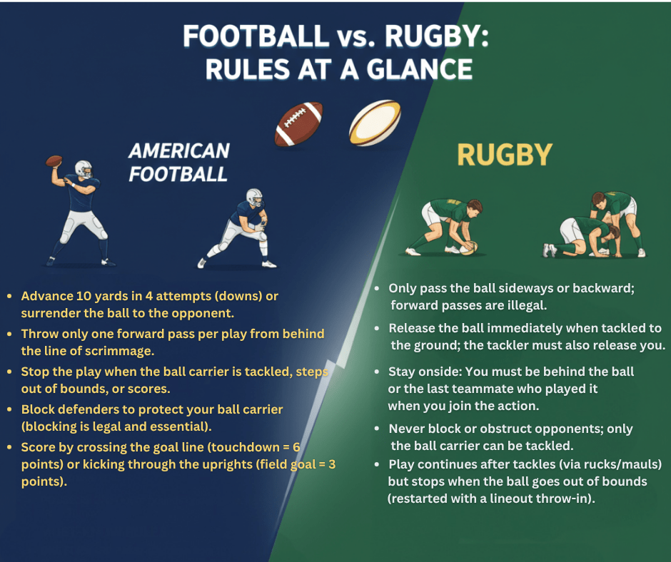 Rugby vs American football rules.