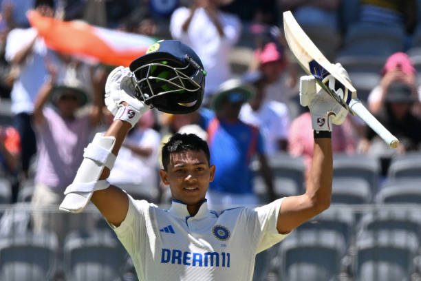 Ind vs. Aus test day 3: Yashasvi Jaiswal celebrates after making century. 