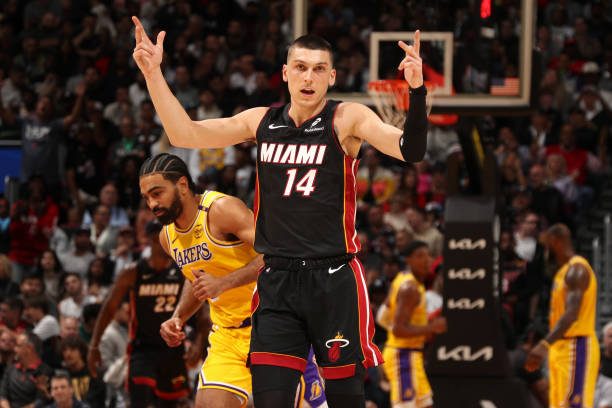 Heat vs. Lakers: The Miami Heat's Tyler Herro #14 celebrates a three-point shot.