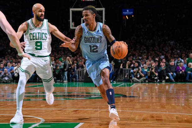 Grizzlies vs. Celtics match Ja Morant of the memphis Grizzlies goes for the basket.