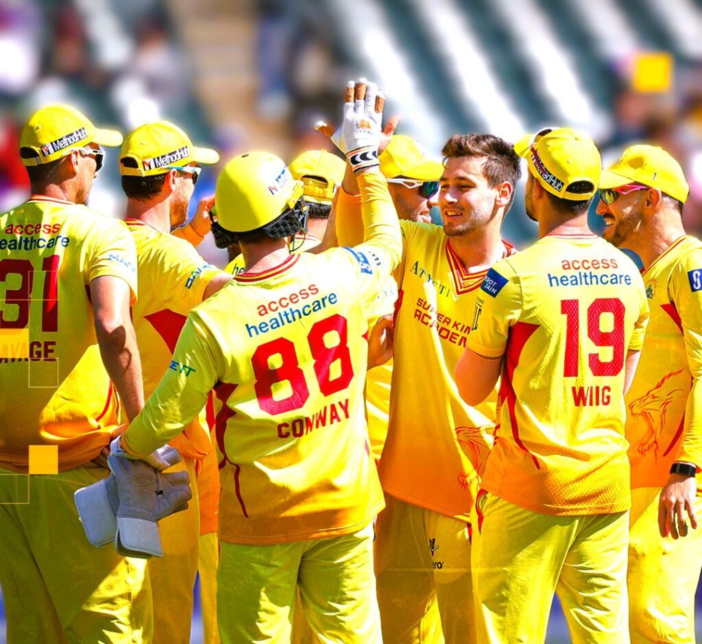 Noor Ahmed of Texas Super Kings vs Los Angeles Knight Riders celebrates with his team mates.