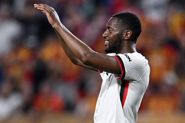 Tosin Adarabioyo celebrates after socing in the ES Tunis vs Chelsea match.