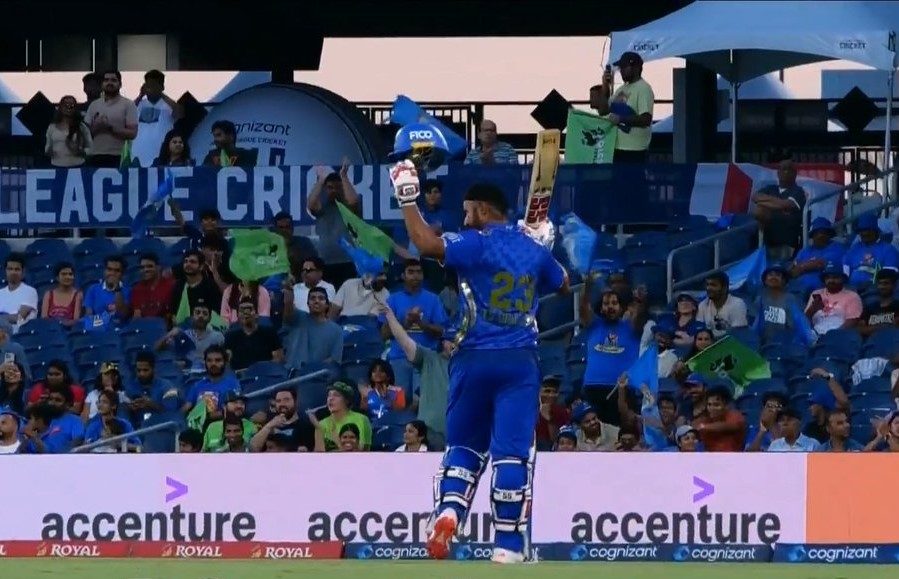 Tajinder Singh of MI New York celebrates his feat in Major League Cricket 2025.