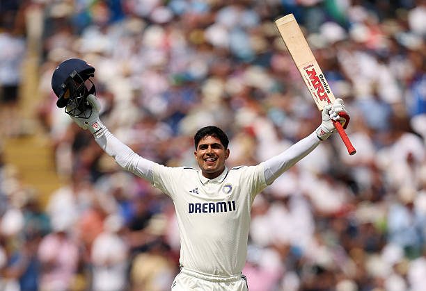 Shubman Gill celebrates after reaching double century in Eng vs India 2025 match.