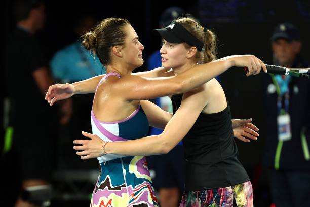 Belarus' Aryna Sabalenka (L) embraces Kazakhstan's Elena Rybakina after their women's singles final match.