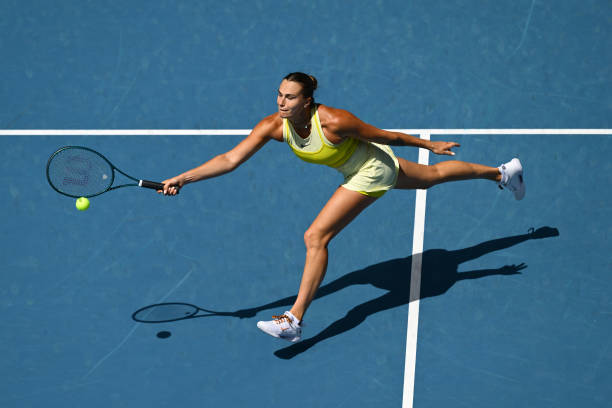 Aryna Sabalenka plays a forehand.
