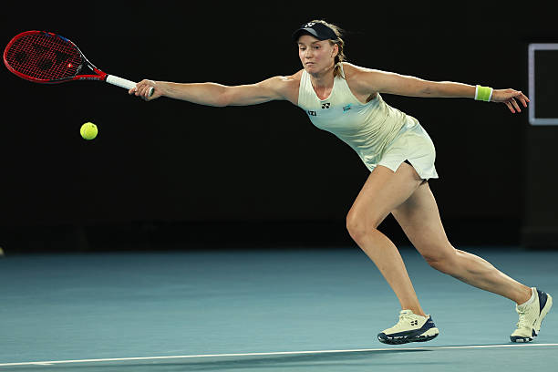 Elena Rybakina of Kazakhstan plays a forehand in the Women's Singles Semifinal match in AO 2026.