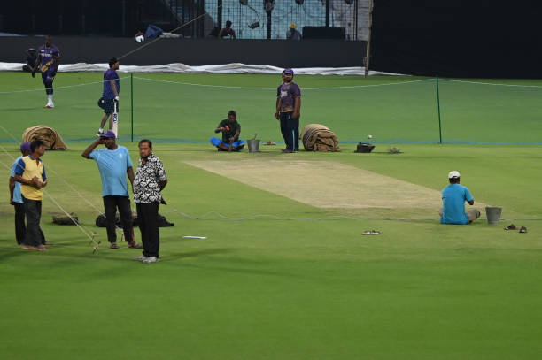 The pitch being prepared ahead of opening match of West Indies vs Scotland.