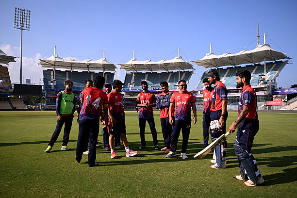 Nepal group together following a warm up match against Canada.
