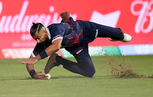 Ali Khan of USA fields   during the ICC Men's T20 World Cup India.
